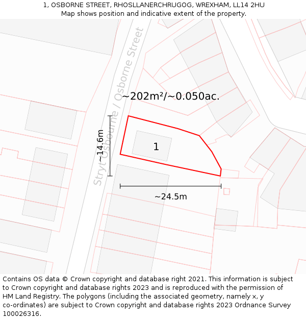 1, OSBORNE STREET, RHOSLLANERCHRUGOG, WREXHAM, LL14 2HU: Plot and title map