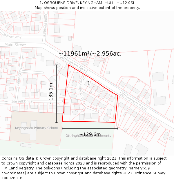 1, OSBOURNE DRIVE, KEYINGHAM, HULL, HU12 9SL: Plot and title map