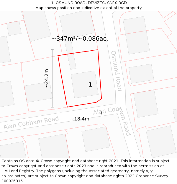 1, OSMUND ROAD, DEVIZES, SN10 3GD: Plot and title map