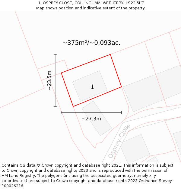 1, OSPREY CLOSE, COLLINGHAM, WETHERBY, LS22 5LZ: Plot and title map