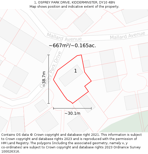 1, OSPREY PARK DRIVE, KIDDERMINSTER, DY10 4BN: Plot and title map