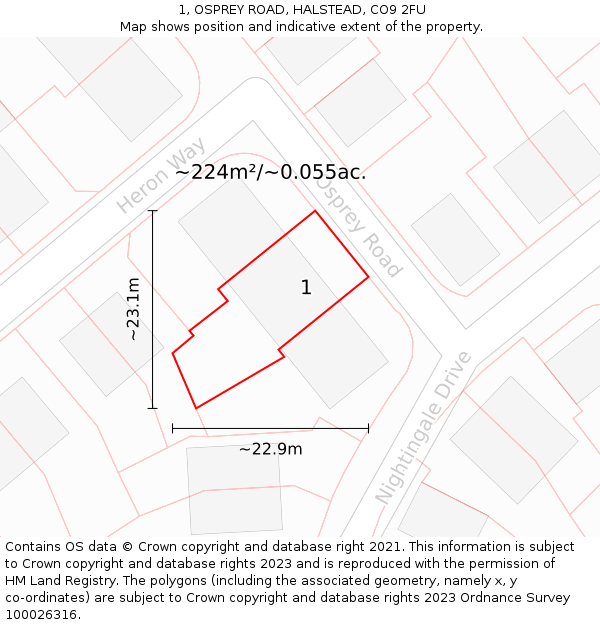 1, OSPREY ROAD, HALSTEAD, CO9 2FU: Plot and title map