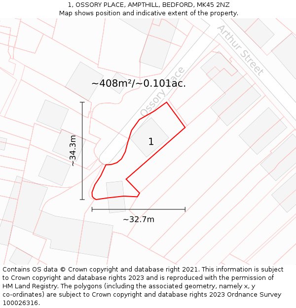 1, OSSORY PLACE, AMPTHILL, BEDFORD, MK45 2NZ: Plot and title map