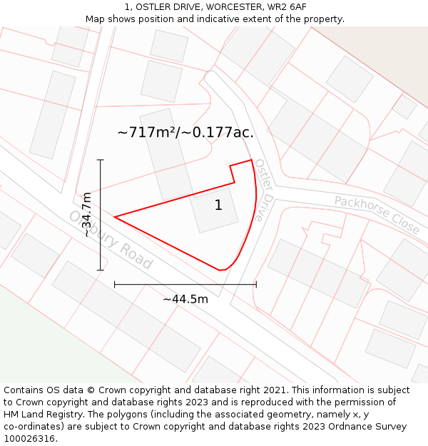 1, OSTLER DRIVE, WORCESTER, WR2 6AF: Plot and title map