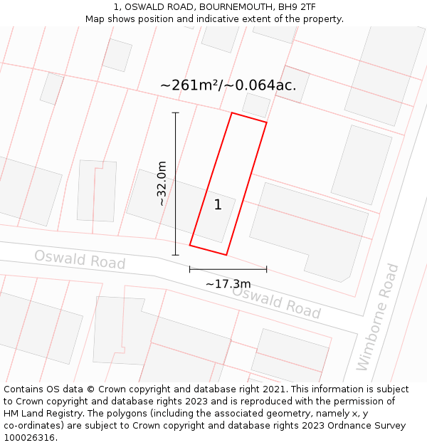 1, OSWALD ROAD, BOURNEMOUTH, BH9 2TF: Plot and title map