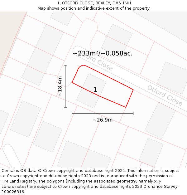 1, OTFORD CLOSE, BEXLEY, DA5 1NH: Plot and title map