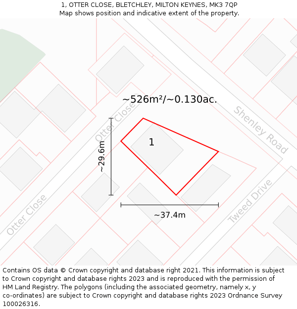 1, OTTER CLOSE, BLETCHLEY, MILTON KEYNES, MK3 7QP: Plot and title map