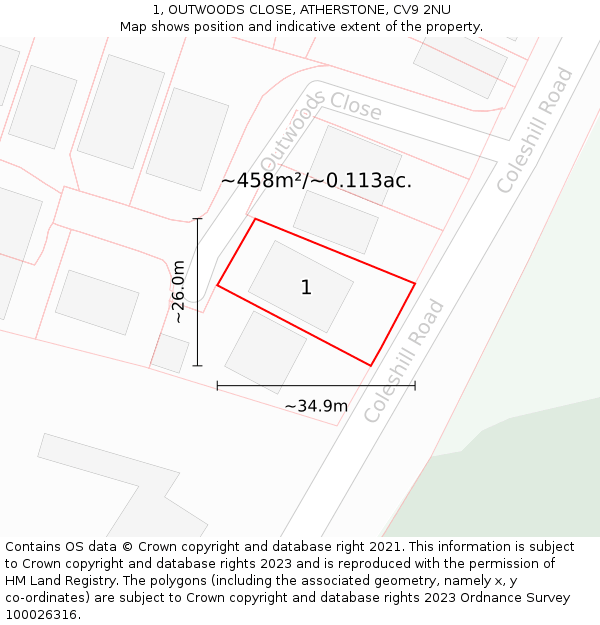 1, OUTWOODS CLOSE, ATHERSTONE, CV9 2NU: Plot and title map