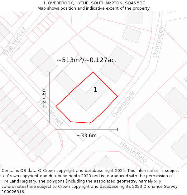 1, OVERBROOK, HYTHE, SOUTHAMPTON, SO45 5BE: Plot and title map