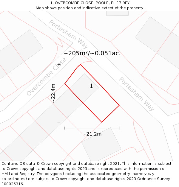 1, OVERCOMBE CLOSE, POOLE, BH17 9EY: Plot and title map
