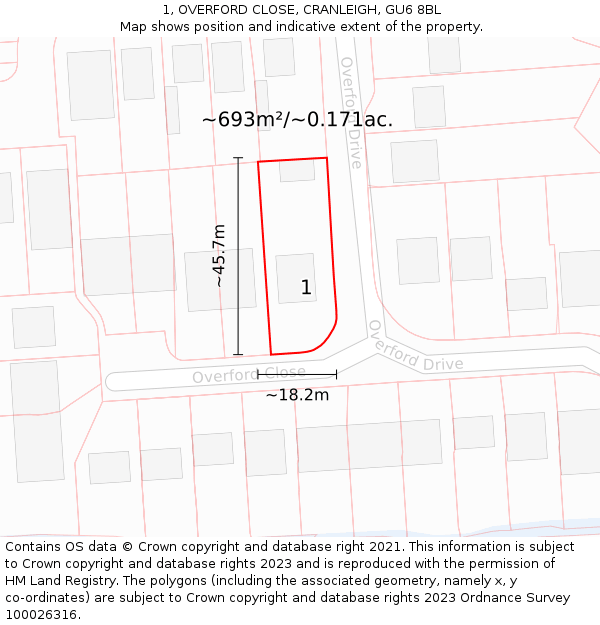 1, OVERFORD CLOSE, CRANLEIGH, GU6 8BL: Plot and title map