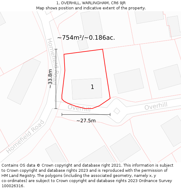 1, OVERHILL, WARLINGHAM, CR6 9JR: Plot and title map