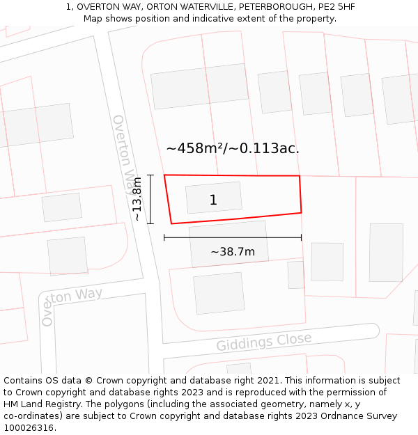 1, OVERTON WAY, ORTON WATERVILLE, PETERBOROUGH, PE2 5HF: Plot and title map
