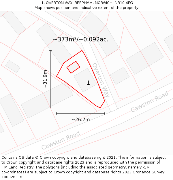 1, OVERTON WAY, REEPHAM, NORWICH, NR10 4FG: Plot and title map