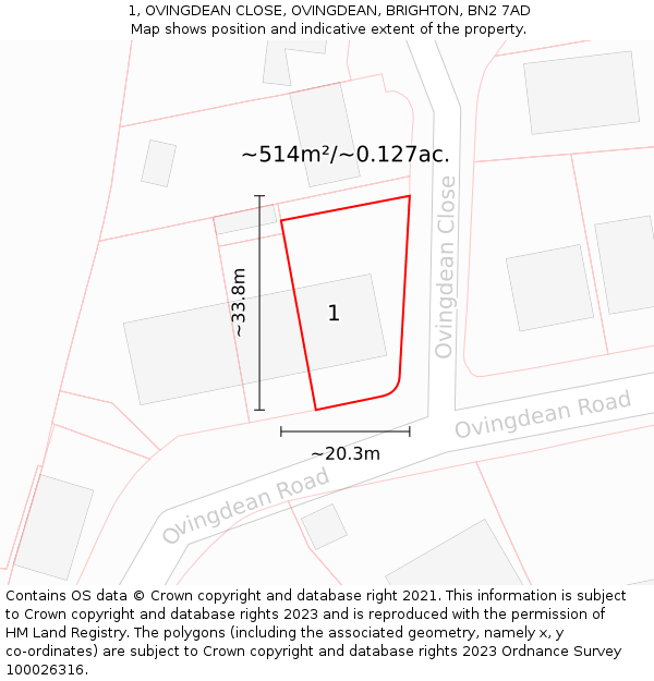 1, OVINGDEAN CLOSE, OVINGDEAN, BRIGHTON, BN2 7AD: Plot and title map