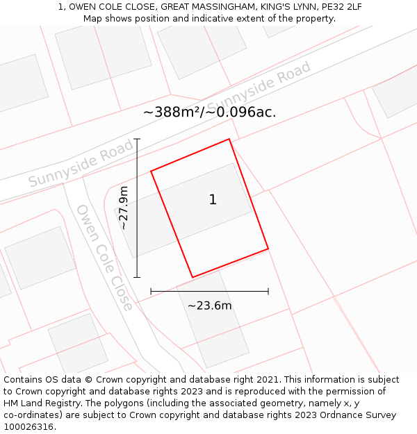 1, OWEN COLE CLOSE, GREAT MASSINGHAM, KING'S LYNN, PE32 2LF: Plot and title map