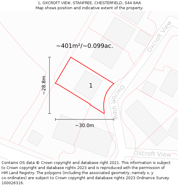 1, OXCROFT VIEW, STANFREE, CHESTERFIELD, S44 6AA: Plot and title map