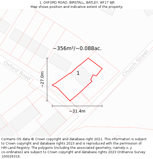 1, OXFORD ROAD, BIRSTALL, BATLEY, WF17 9JR: Plot and title map