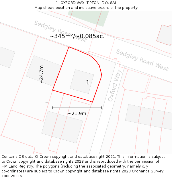 1, OXFORD WAY, TIPTON, DY4 8AL: Plot and title map