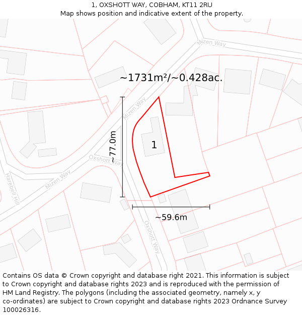 1, OXSHOTT WAY, COBHAM, KT11 2RU: Plot and title map