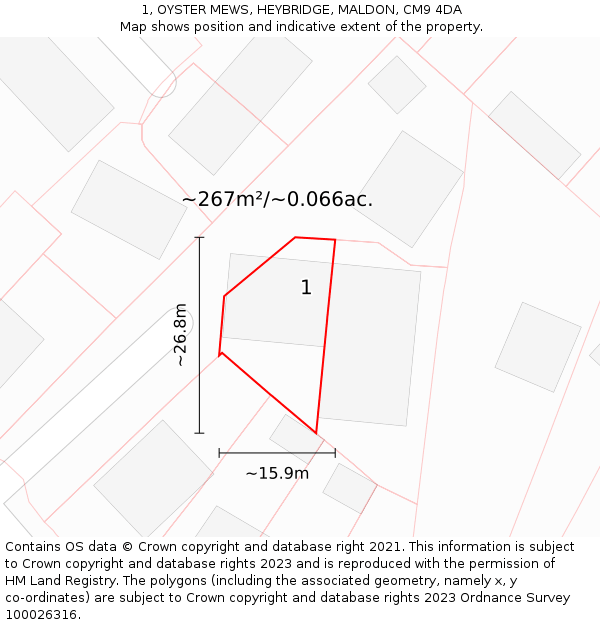 1, OYSTER MEWS, HEYBRIDGE, MALDON, CM9 4DA: Plot and title map