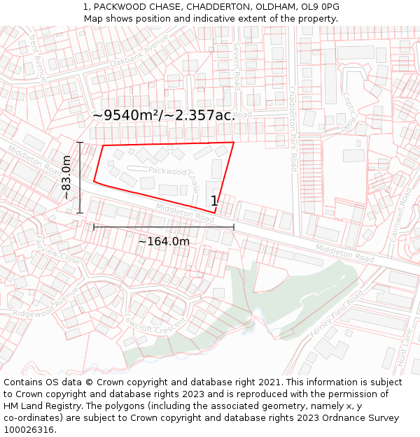 1, PACKWOOD CHASE, CHADDERTON, OLDHAM, OL9 0PG: Plot and title map