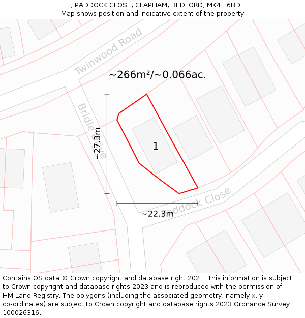 1, PADDOCK CLOSE, CLAPHAM, BEDFORD, MK41 6BD: Plot and title map