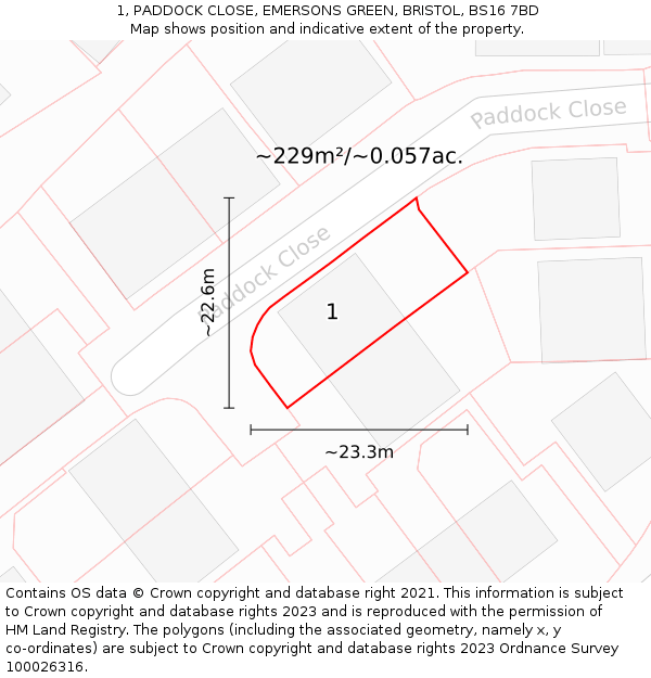 1, PADDOCK CLOSE, EMERSONS GREEN, BRISTOL, BS16 7BD: Plot and title map