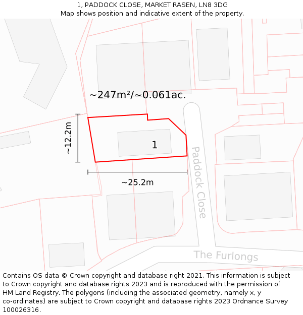 1, PADDOCK CLOSE, MARKET RASEN, LN8 3DG: Plot and title map