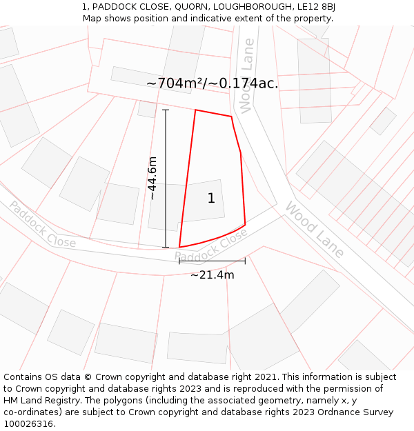 1, PADDOCK CLOSE, QUORN, LOUGHBOROUGH, LE12 8BJ: Plot and title map