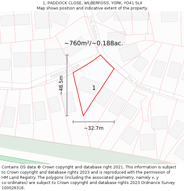 1, PADDOCK CLOSE, WILBERFOSS, YORK, YO41 5LX: Plot and title map