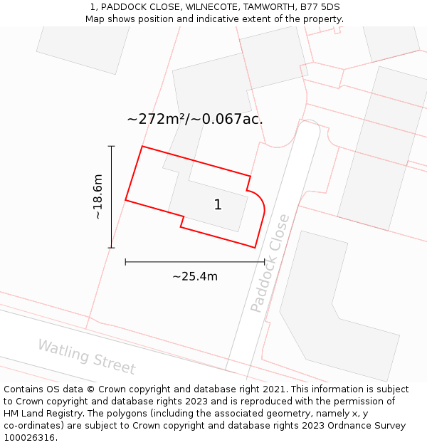 1, PADDOCK CLOSE, WILNECOTE, TAMWORTH, B77 5DS: Plot and title map