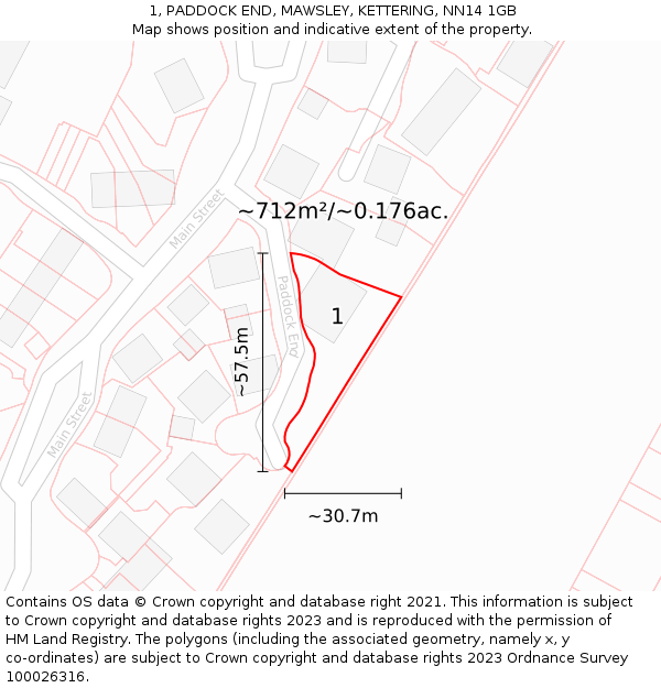 1, PADDOCK END, MAWSLEY, KETTERING, NN14 1GB: Plot and title map