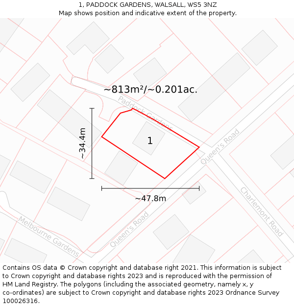 1, PADDOCK GARDENS, WALSALL, WS5 3NZ: Plot and title map