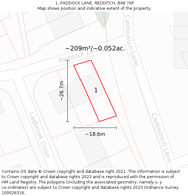 1, PADDOCK LANE, REDDITCH, B98 7XP: Plot and title map
