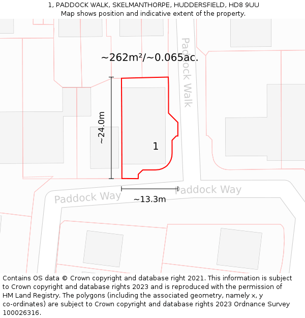 1, PADDOCK WALK, SKELMANTHORPE, HUDDERSFIELD, HD8 9UU: Plot and title map