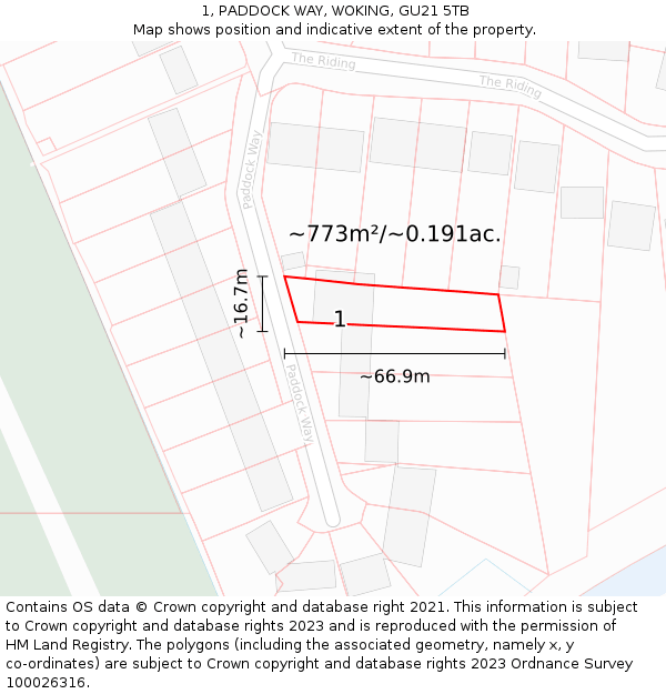 1, PADDOCK WAY, WOKING, GU21 5TB: Plot and title map