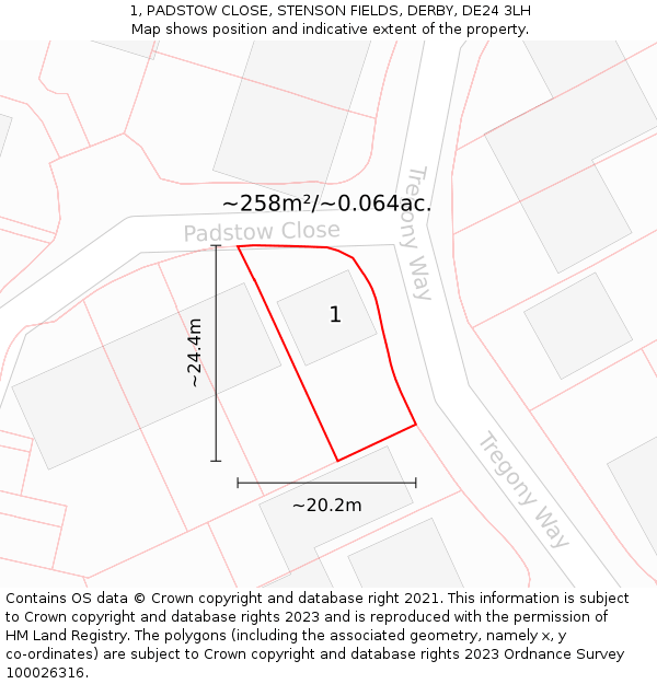 1, PADSTOW CLOSE, STENSON FIELDS, DERBY, DE24 3LH: Plot and title map