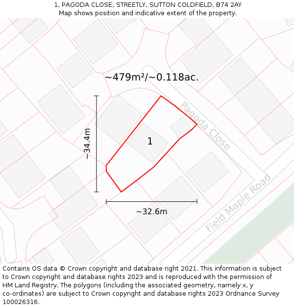 1, PAGODA CLOSE, STREETLY, SUTTON COLDFIELD, B74 2AY: Plot and title map
