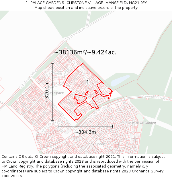 1, PALACE GARDENS, CLIPSTONE VILLAGE, MANSFIELD, NG21 9FY: Plot and title map