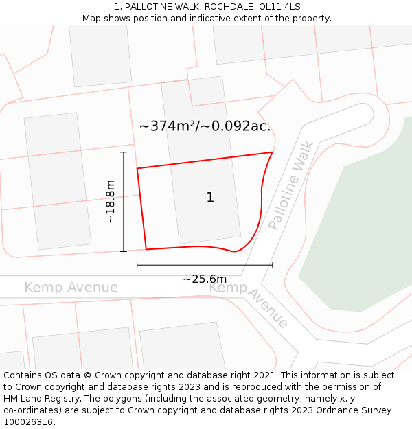 1, PALLOTINE WALK, ROCHDALE, OL11 4LS: Plot and title map