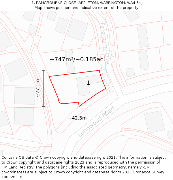 1, PANGBOURNE CLOSE, APPLETON, WARRINGTON, WA4 5HJ: Plot and title map