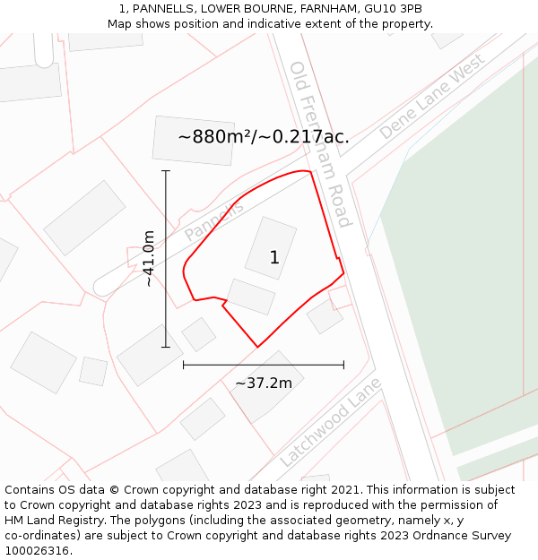 1, PANNELLS, LOWER BOURNE, FARNHAM, GU10 3PB: Plot and title map