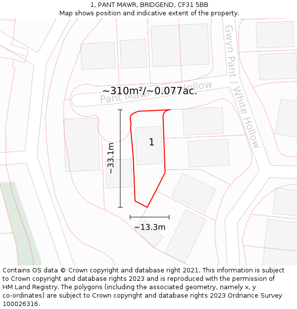 1, PANT MAWR, BRIDGEND, CF31 5BB: Plot and title map