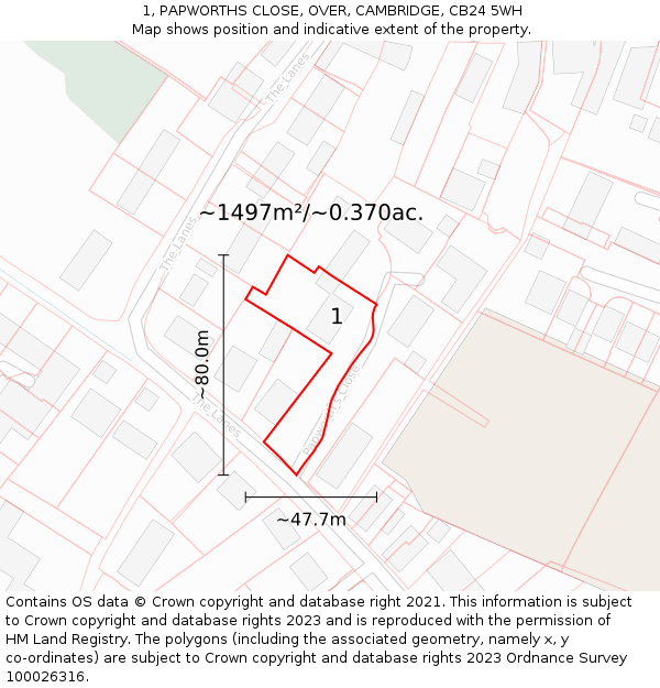 1, PAPWORTHS CLOSE, OVER, CAMBRIDGE, CB24 5WH: Plot and title map
