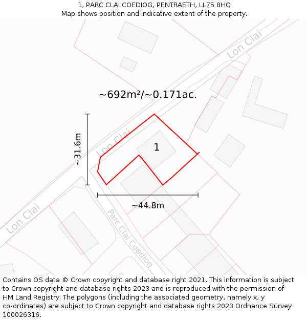 1, PARC CLAI COEDIOG, PENTRAETH, LL75 8HQ: Plot and title map
