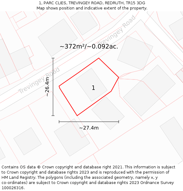 1, PARC CLIES, TREVINGEY ROAD, REDRUTH, TR15 3DG: Plot and title map