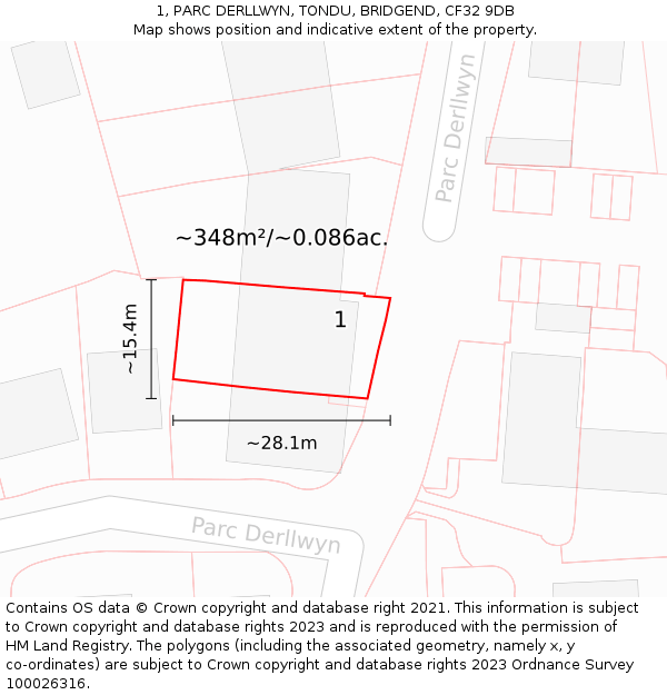1, PARC DERLLWYN, TONDU, BRIDGEND, CF32 9DB: Plot and title map