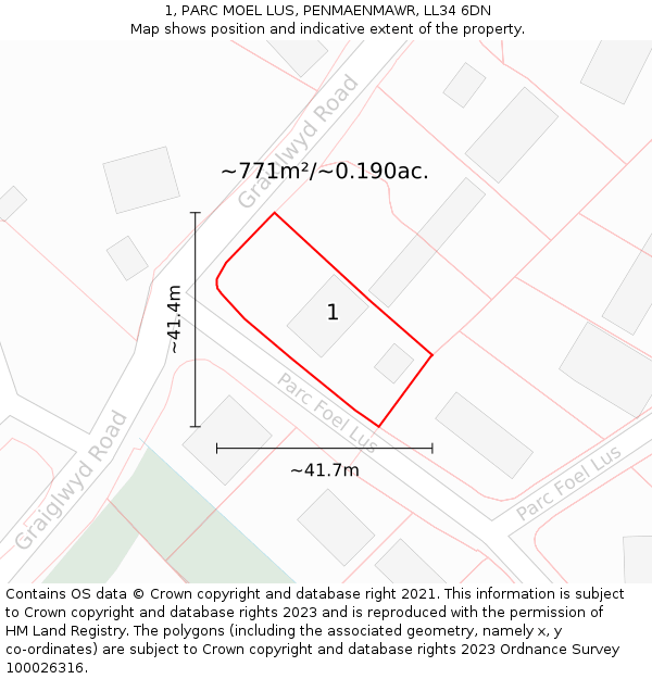 1, PARC MOEL LUS, PENMAENMAWR, LL34 6DN: Plot and title map