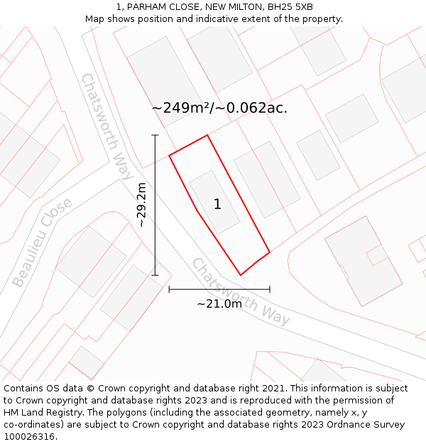1, PARHAM CLOSE, NEW MILTON, BH25 5XB: Plot and title map